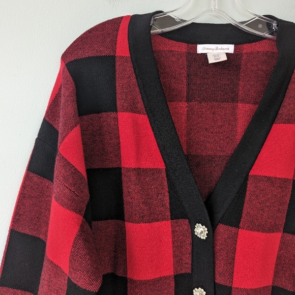 Tommy Bahama Red Buffalo Plaid Holiday Crystal Button Cardigan Sweater - Picture 5 of 8